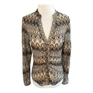 DR2 Womens Abstract Print Knit Cardigan Sweater XS Brown Beige Metallic V Neck